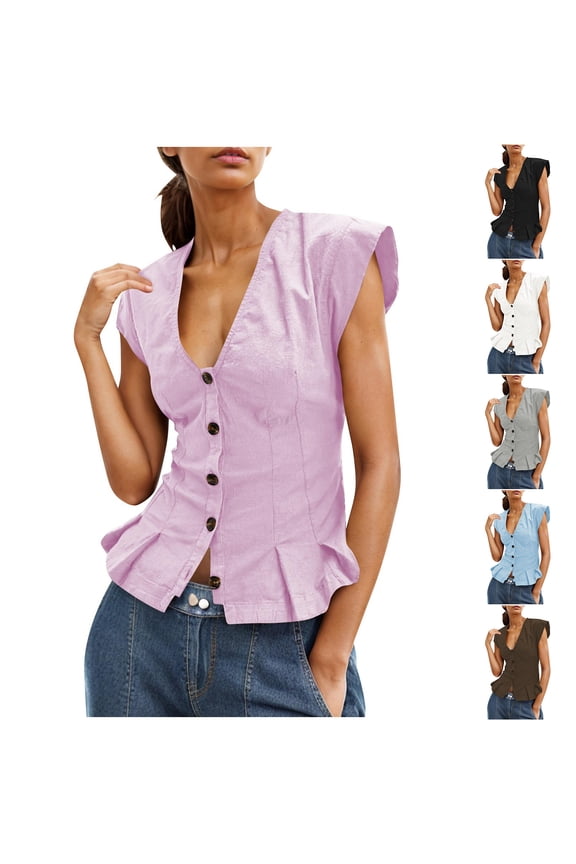 Blazer for Womens Scoop Neck Vest Summer Linen Sleeveless Fitted Waistcoat Work Casual Cotton Suit Tops White S