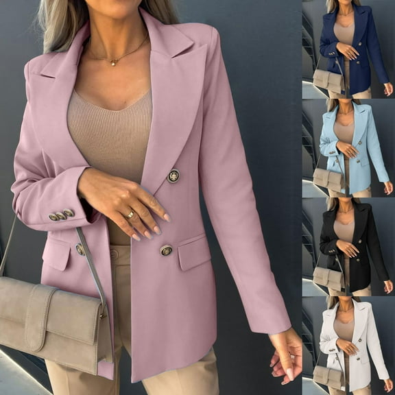 Zedker Blazers for Women Business Casual Fall Fashion Padded Shoulder Office Suits Single Breasted Jacket with Pockets
