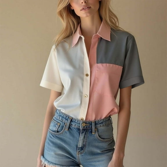 Zedker Button Down Shirts for Women Dressy Casual Short Sleeve Color Blocked Blouses Business Work and Summer Beach Outfits Pink Plus S