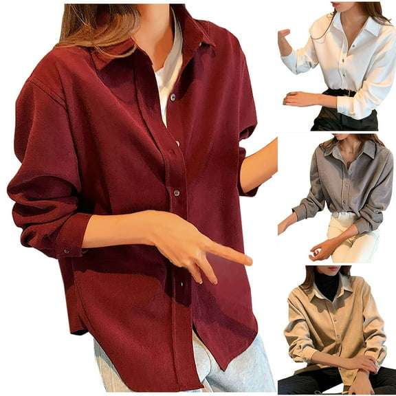 Zedker Button Down Shirts for Women Long Sleeve Corduroy Jacket Oversized Loose Dressy Casual Blouses with Pockets