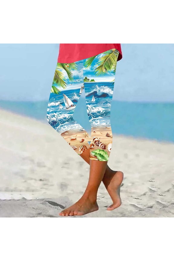 Capri Leggings for Women Shark Hawaiian Print Cropped High Waist Yoga Pants Comfy Stretch Capris Funny Beach Outfits 2026 MulticolorS