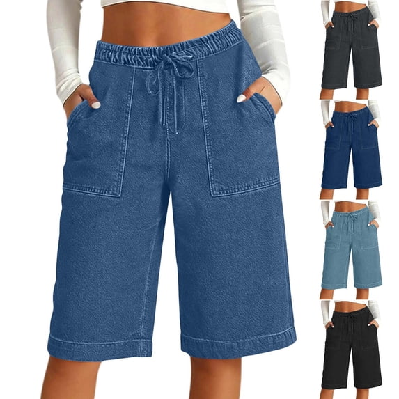 Zedker Capris Pants for Women Denim Elastic Waist Wide Leg Pants Jeans Palazzo with Pockets Size S-XXL