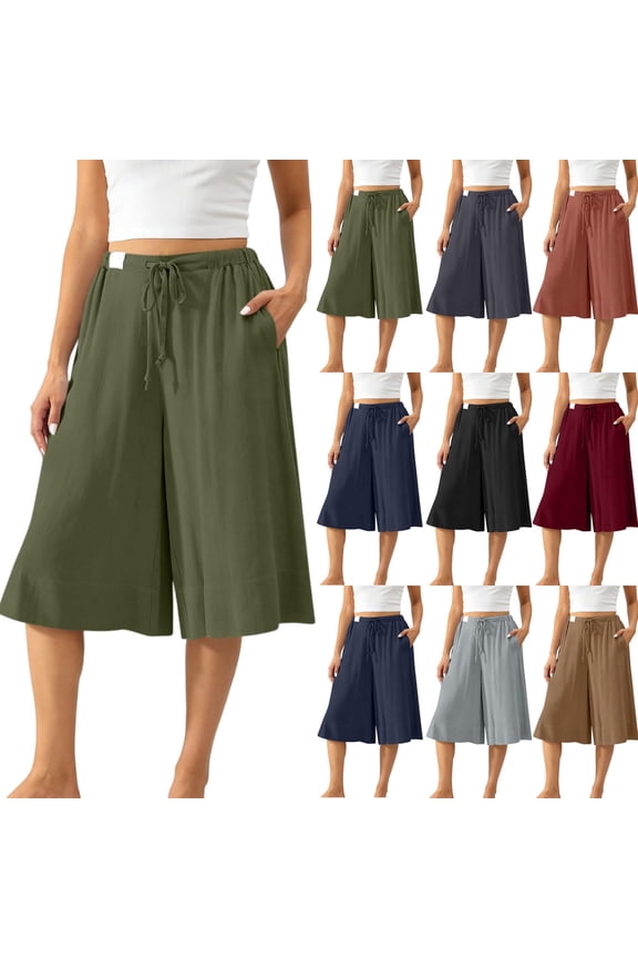 Capris Pants for Women High Waisted Wide Leg Capri Pants with Skirt Overlay Pockets Flowy Palazzo Pant Blue Size S-XXL