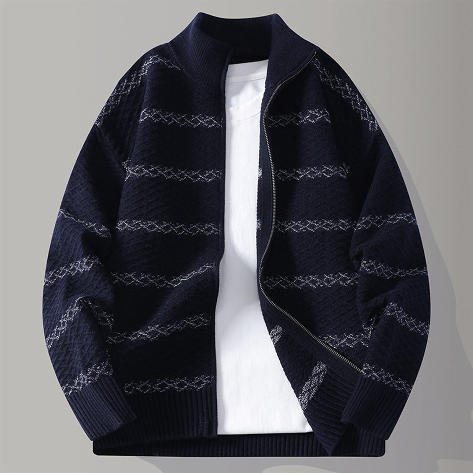 Zedker Cardigan for Mens Full Zip Sweater Slim Fit Cable Knitted Zip up Sweater with Pockets Navy XXL