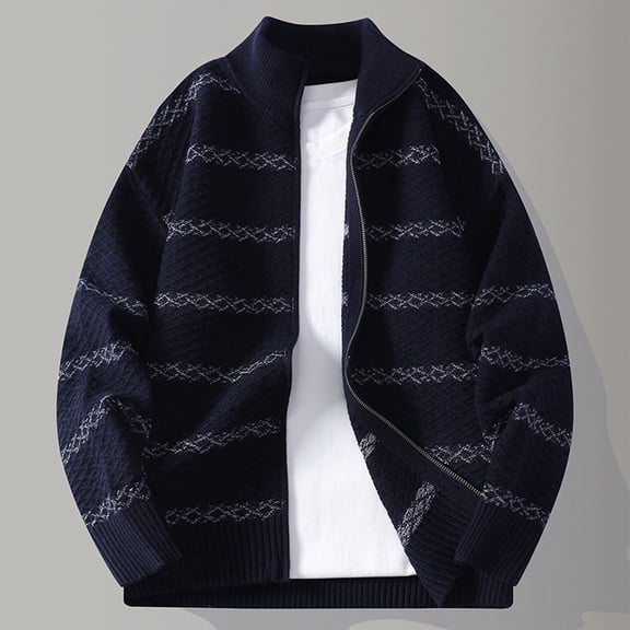 Zedker Cardigan for Mens Full Zip Sweater Slim Fit Cable Knitted Zip up Sweater with Pockets Navy XXXL
