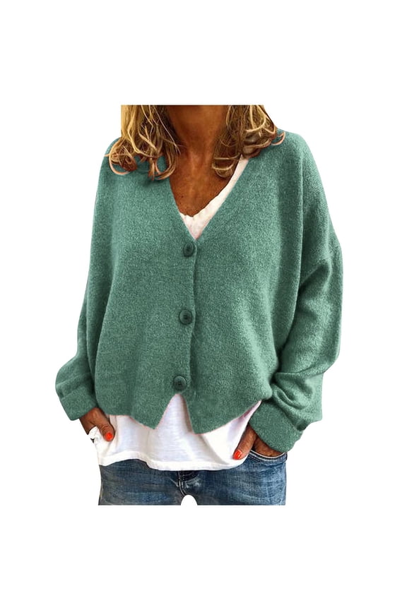 Zedker Cardigan for Women Crew Neck Cropped Long Sleeve Open Front Button Down Sweater, Plus Size Green S