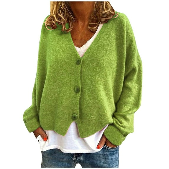 Zedker Cardigan for Women Crew Neck Cropped Long Sleeve Open Front Button Down Sweater, Plus Size Mint Green L