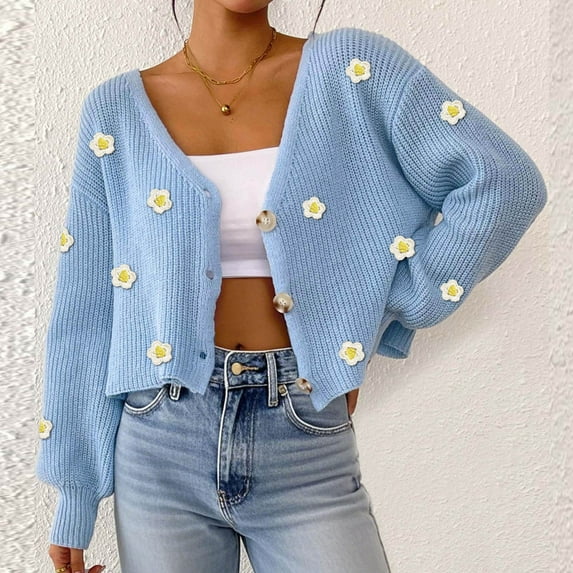 Zedker Cardigans for Women Button Up Open Front Cadigan Sweaters Floral Print Cute Short Knitted Cardigan Casual Winter Coats,Plus Blue XL