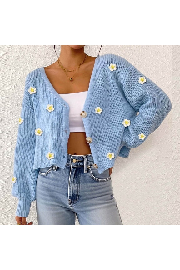 Cardigans for Women Button Up Open Front Cadigan Sweaters Floral Print Cute Short Knitted Cardigan Casual Winter Coats,Plus Blue XL