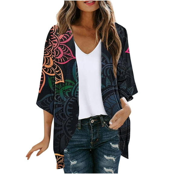 Zedker Cardigans for Women Floral Chiffon Loose Beach Cover Up Half Sleeve Casual Tops, Plus Size Multicolor XXL