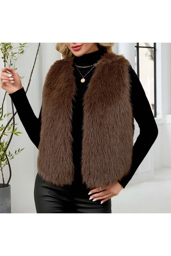 Cardigans for Womens Faux Fur Vest Fashion Sleeveless Jacket Fall Winter Trendy Coat,Plus Size BrownS