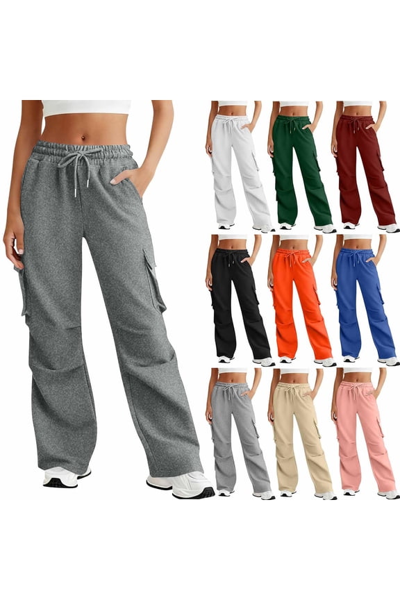Cargo Sweatpants for Women Fleece Straight Wide Leg Sweat Baggy Joggers Pants with Pockets
