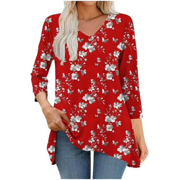 Zedker Casual 3/4 Sleeves Womens Blouses Classic Trendy Printed Womens Tops Comfy Loose V-Neck Womens Blouses,Red,S