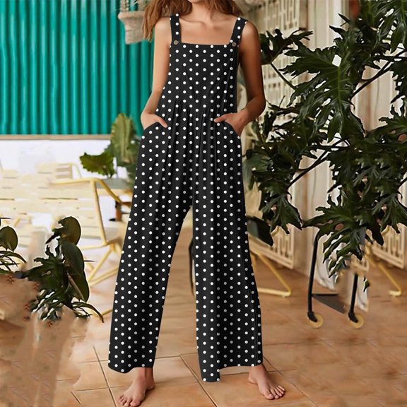 Zedker Casual Beach Jumpsuits For Women Sleeveless Printed Jumpsuits For Women Smocked Wide Leg Vacation Outfit ,Black3,S