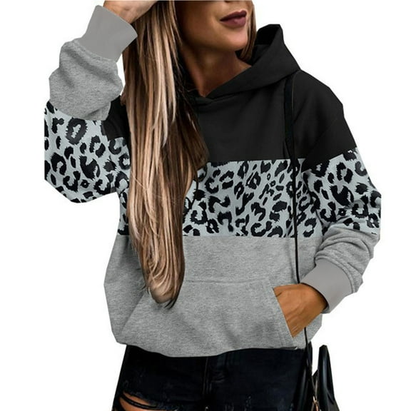 Zedker Casual Color Block Splicing Long Sleeve Hooded Sweatshirts for Women,Comfy Loose Leopard Print Fall Hoodies with Kangaroo Pocket,Black,L