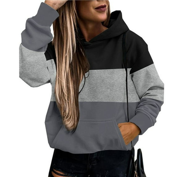 Zedker Casual Color Block Splicing Long Sleeve Hooded Sweatshirts for Women,Comfy Loose Leopard Print Fall Hoodies with Kangaroo Pocket,Black,L