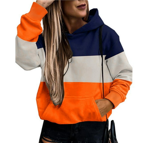 Zedker Casual Color Block Splicing Long Sleeve Hooded Sweatshirts for Women,Comfy Loose Leopard Print Fall Hoodies with Kangaroo Pocket,Orange,L