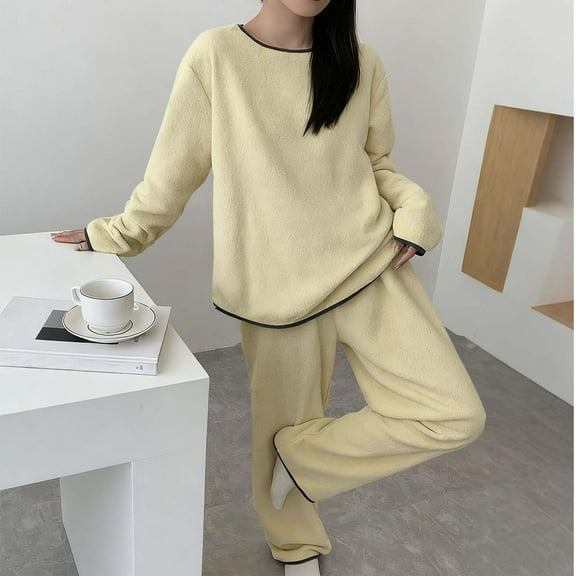 Zedker Casual Crewneck Long Sleeve Pullover Top and Straight-Leg Pants Fall and Winter Thermal Thicken Fleece Womens Pajama Set,Beige,Free Size