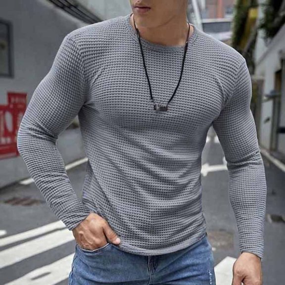 Zedker Casual Crewneck Long Sleeve Thermal Base Layer Shirts for Men Comfortable Breathable Elastic Honeycomb Knitted Pullover Tops,Gray,XXL