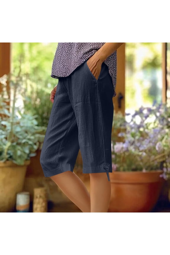 Casual Flax Mixture Elastic Waist Womens Bermuda Shorts with Splicing Lace Comfy Breathable Loose Shorts with Pockets,Navy,XXL