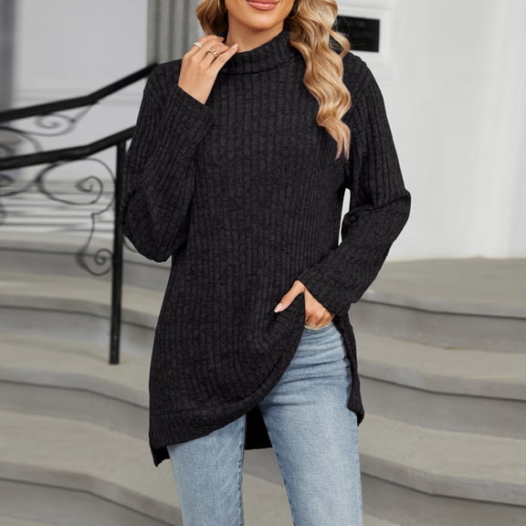 Zedker Casual High Neck Long Sleeve Pits Striped Thermal Sweaters for Women,Comfy Soft Fleece Fall Pullover Outfits with Side Slit,Black,XL