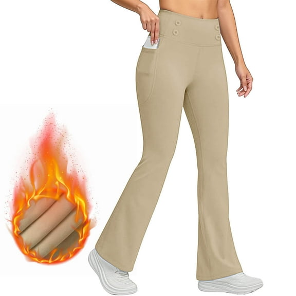 Zedker Casual High Waist Stretch Flare Leg Sweatpants for Women, Comfy Fall Winter Plus Plushed Thermal Leggings with Pockets,Khaki,S