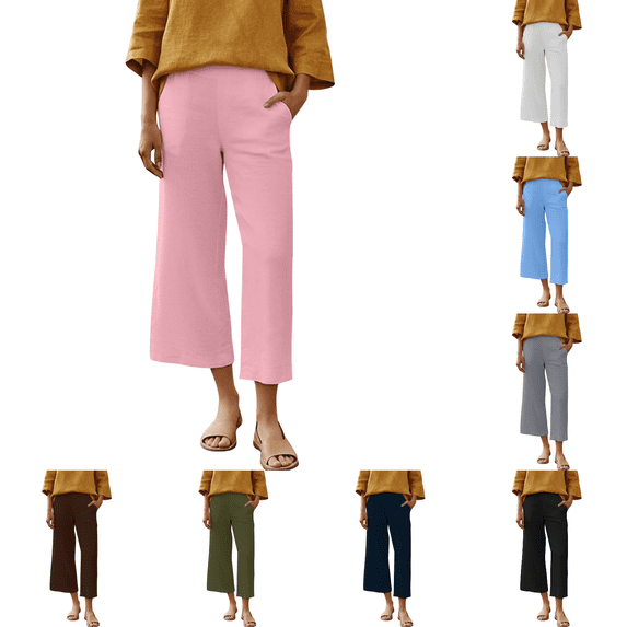 Zedker Casual High Waist Wide-Leg Womens Pants with Pockets Comfy Loose Elastic Waist Ankle-Length Pants for Springtime and Summer,Army Green,L
