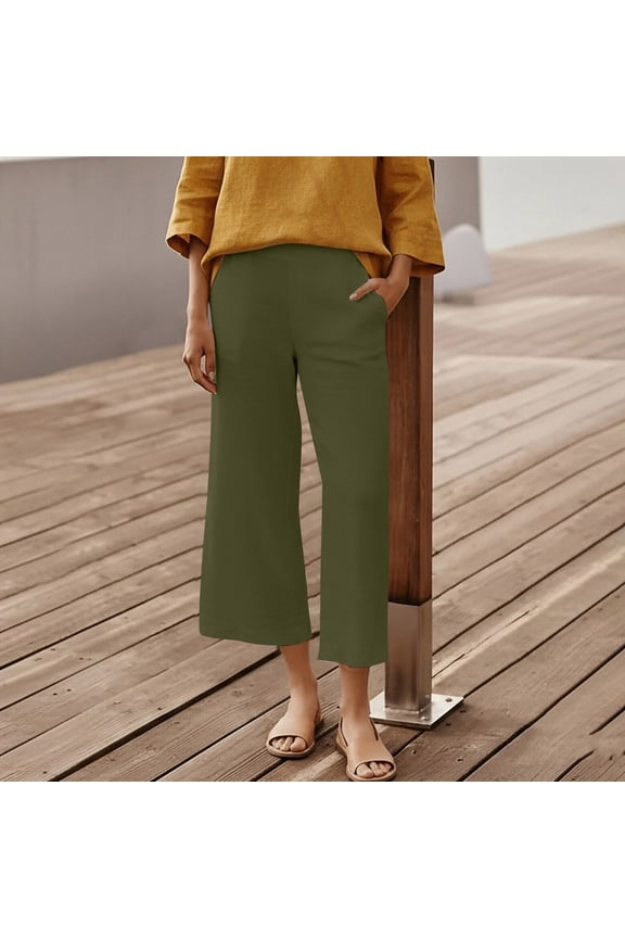 Casual High Waist Wide-Leg Womens Pants with Pockets Comfy Loose Elastic Waist Ankle-Length Pants for Springtime and Summer,Army Green,L