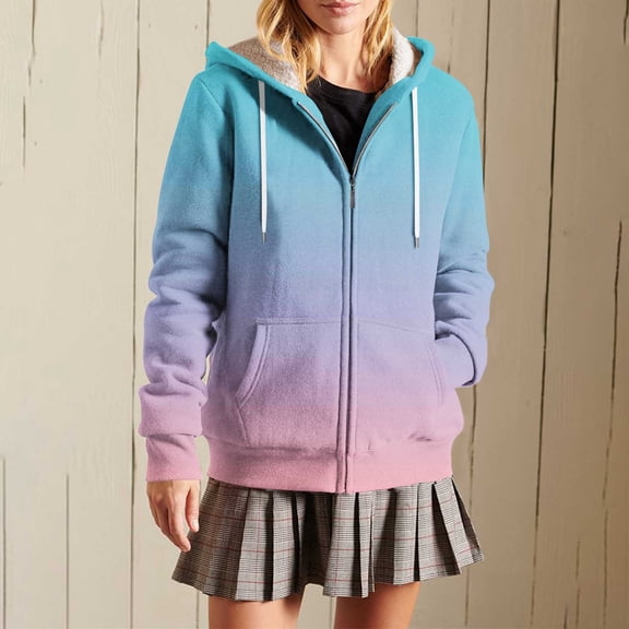 Zedker Casual Hooded Long Sleeve Gradient Color Jackets for Women Fall Winter Zipper Soft Inner Fleece Thermal Outerwears with Pockets,Light Blue,S