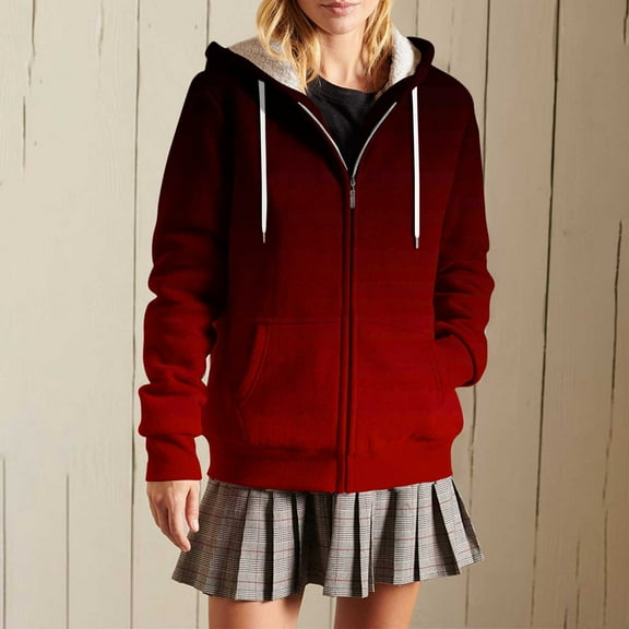 Zedker Casual Hooded Long Sleeve Gradient Color Jackets for Women Fall Winter Zipper Soft Inner Fleece Thermal Outerwears with Pockets,Wine,S