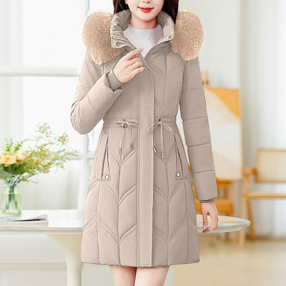 Zedker Casual Hooded Long Sleeve Women's Long Thicken Puffer Jackets with Pockets, Comfy Soft Plushed Collar Thermal Winter Coats,Khaki,XXXL