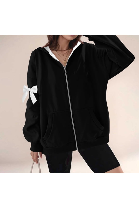 Casual Hooded Long Sleeve Women's Thermal Jackets with Arm Bowknot, Comfy Loose Zipper Fall and Winter Outerwears with Pockets,Black,XXXL