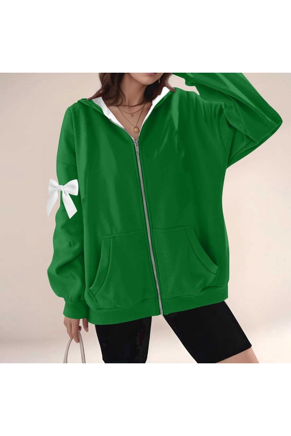 Casual Hooded Long Sleeve Women's Thermal Jackets with Arm Bowknot, Comfy Loose Zipper Fall and Winter Outerwears with Pockets,Green,S