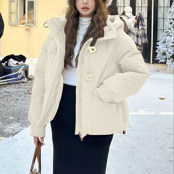 Zedker Casual Hooded Long Sleeve Women's Thicken Puffer Jackets with Zipper and Knot Button, Comfy Thermal Winter Outerwears with Pockets,Beige,XL