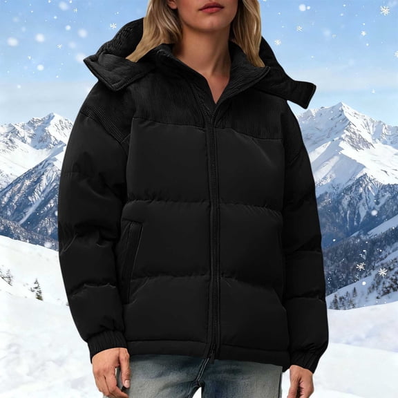 Zedker Casual Hooded Long Sleeve Womens Puffer Jackets with Detachable Hood Fall and Winter Thicken Thermal Tops with Pockets,Black,XXXL