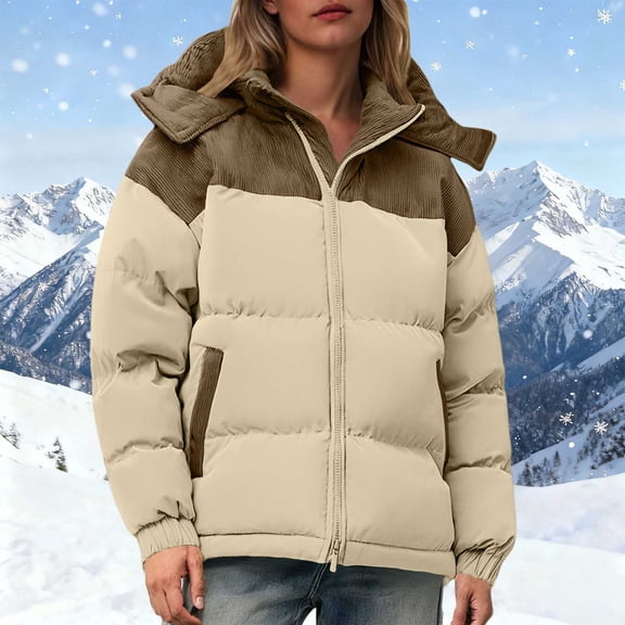 Zedker Casual Hooded Long Sleeve Womens Puffer Jackets with Detachable Hood Fall and Winter Thicken Thermal Tops with Pockets,Khaki,S