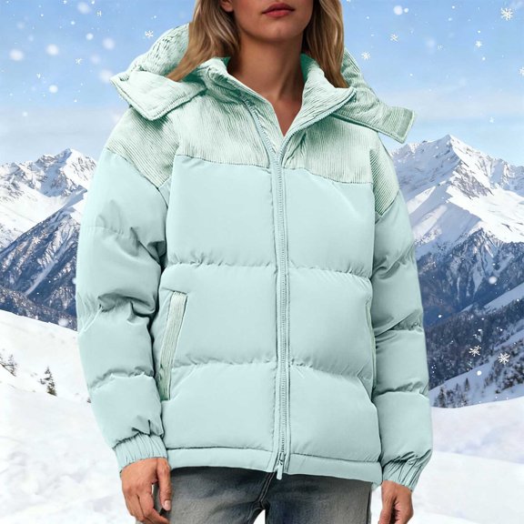 Zedker Casual Hooded Long Sleeve Womens Puffer Jackets with Detachable Hood Fall and Winter Thicken Thermal Tops with Pockets,Light Blue,XXL