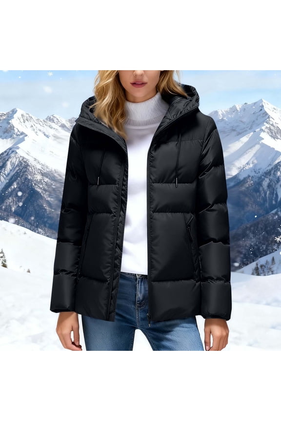 Casual Hooded Long Sleeve Womens Puffer Jackets with Pockets Comfy Loose Hood Drawstring Thermal Coats for Fall and Winter,Black,M