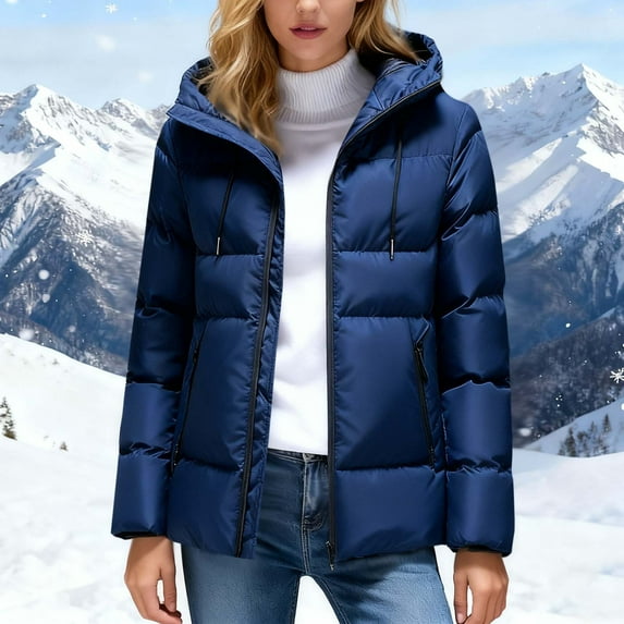Zedker Casual Hooded Long Sleeve Womens Puffer Jackets with Pockets Comfy Loose Hood Drawstring Thermal Coats for Fall and Winter,Blue,XL