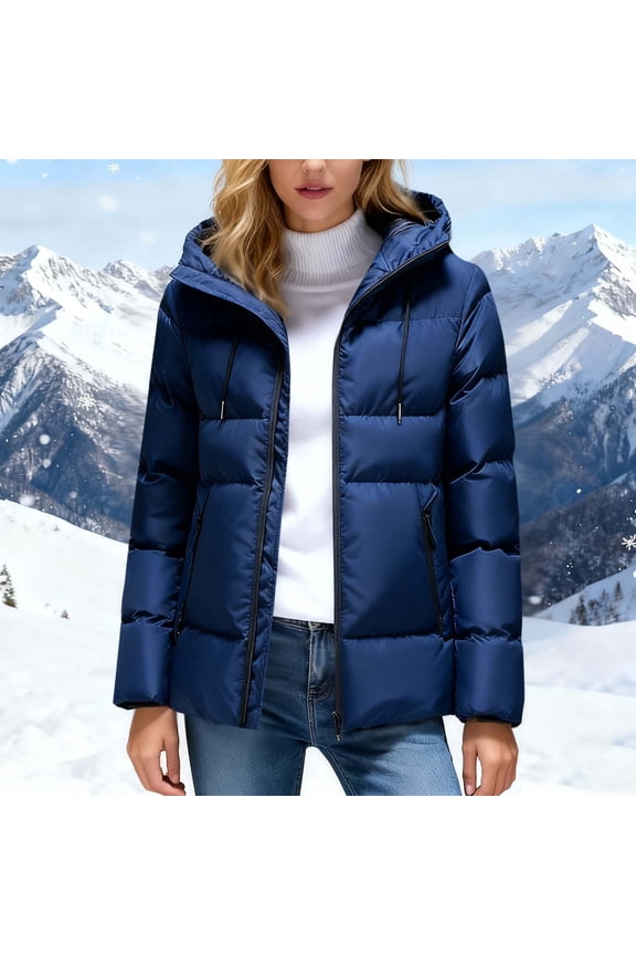 Casual Hooded Long Sleeve Womens Puffer Jackets with Pockets Comfy Loose Hood Drawstring Thermal Coats for Fall and Winter,Blue,XL