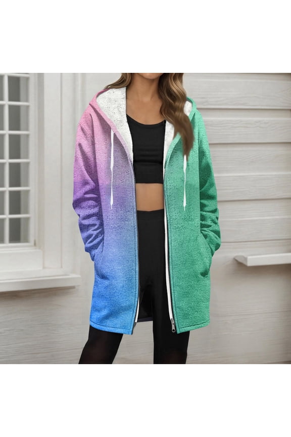 Casual Hooded Long Sleeve Zipper Womens Gradient Color Jackets with Pockets, Comfy Loose Inner Fleece Hood Cord Tops,Multicolor,S