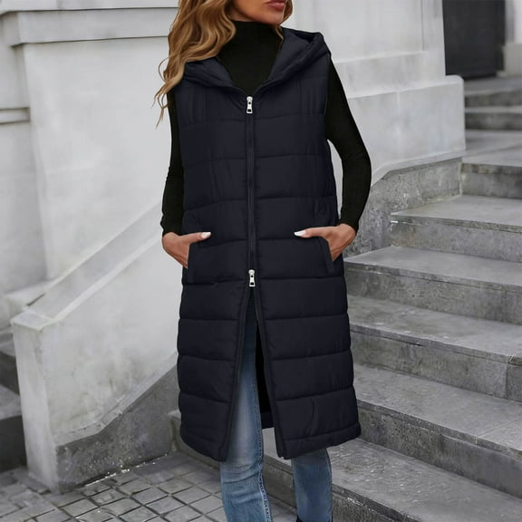 Zedker Casual Hooded Sleeveless Long Puffer Womens Vests Outerwear with Bidirectional Zipper, Comfy Thermal Jackets with Pockets,Black,M