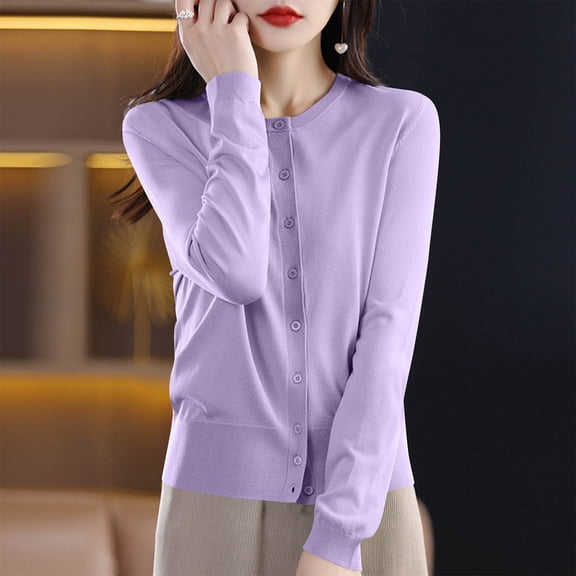Zedker Casual Knitting Cardigan Sweaters For Women Fashion Solid Color Long-Sleeved Going Out Tops Outfits For Fall Winter,Purple,XXL