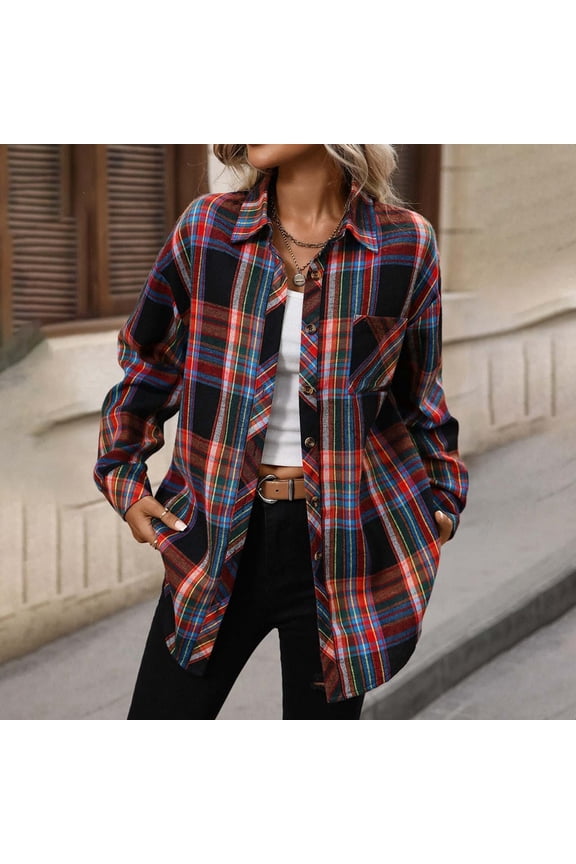 Casual Lapel Collar Long Sleeve Loose Cardigan Blouses Womens Chest Pocket Button Jackets with Fashion Plaid Patterns,Multicolor,L