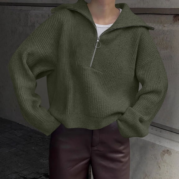 Zedker Casual Lapel Collar Long Sleeve Shirts for Women Loose Knitted Sweaters with Half Zipper Fall and Winter Thermal Tops,Green,M