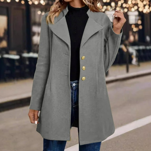 Zedker Casual Lapel Woolen Tops for Women,Classic Long Sleeve Drop Shoulder Open Front Jackets with Button,Comfy Solid Color Fall Coats,Gray,XXXL