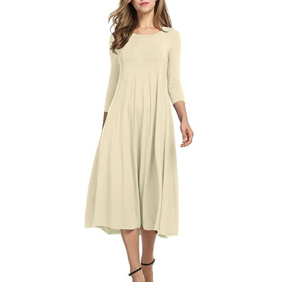 Zedker Casual Long Sleeve Dresses 2025 Wedding Guest Dress Midi Dress Flowy Bohemian Long Dress, Plus Size BeigeL