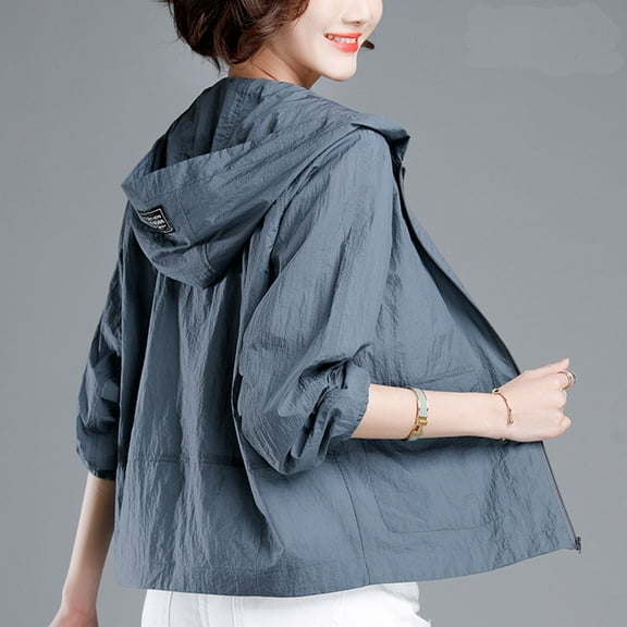 Zedker Casual Long Sleeve Hooded Jackets for Women,Classic Sun-Protection Zipper Coats with Pockets,Comfy Breathable Outerwear Tops,Dark Gray,XXL