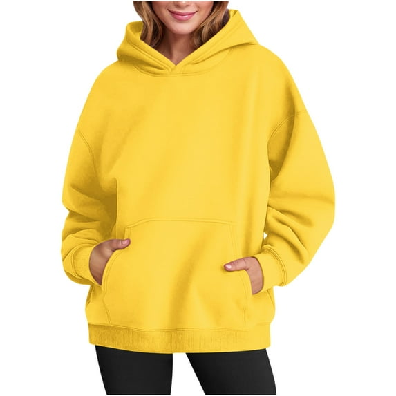 Zedker Casual Loose Solid Color Long Sleeve Hooded Sweatshirts for Women,Trendy Elastic Cuffs Comfy Fall Hoodies with Kangaroo Pocket,Yellow,S