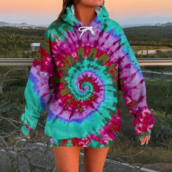 Zedker Casual Oversized Tie-Dye Printing Hoodies Comfy Tops For Women Trendy Loose Fall Clothes,Light Blue1,S